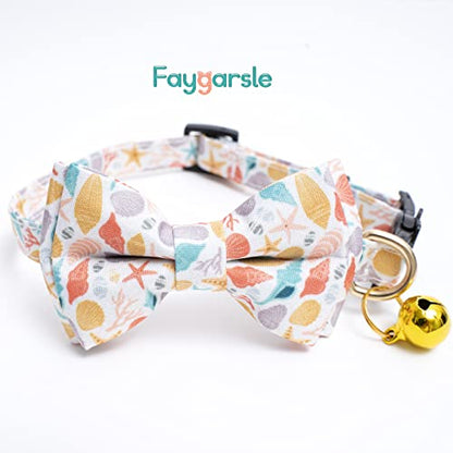 Faygarsle 2 Pack Cotton Designer Breakaway Cats Collar with Bow Tie and Bell Marine Theme Cat Collars for Girl Female Boy Male Cat Collar with Bell Fish Collars for Cats Collar Shell Pattern - color: Fish&Shell