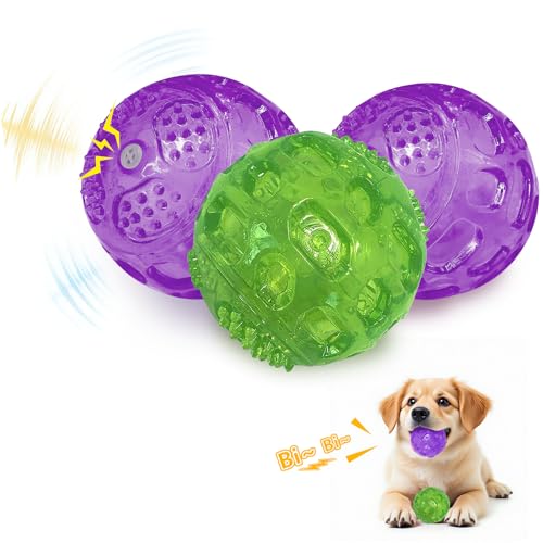 RICHIE Ultra Durable Squeaky Dog Balls 3 Inch for Large Medium Dogs, Tough Chew Toys for Aggressive Chewers, Floating Fetch Balls for Pool Play, Teeth Cleaning Dog Toys 3 Pack Purple + Purple + Green - color: Purple + Purple + Green