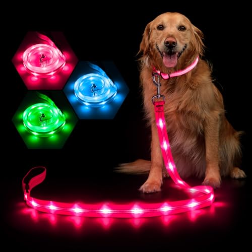 Weesiber Light Up Dog Leash, 4ft LED Dog Leash Rechargeable Puppy Lead Waterproof Safety Glow in The Dark Pet Lights for Night Walking (Pink) - color: Pink