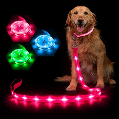 Weesiber Light Up Dog Leash, 4ft LED Dog Leash Rechargeable Puppy Lead Waterproof Safety Glow in The Dark Pet Lights for Night Walking (Pink) - color: Pink