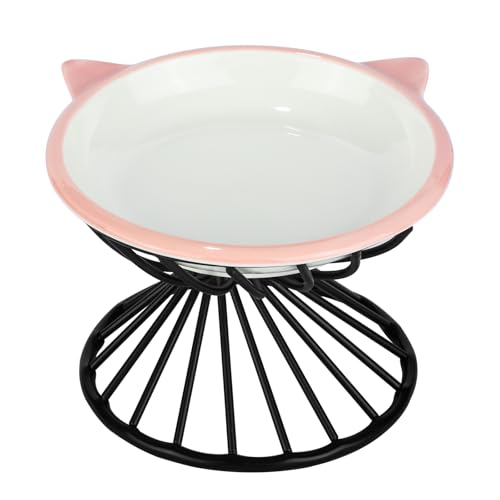 Elevated Cat Bowls,6.3" Wide Raised Ceramic Cat Food Bowl with Anti-Slip Metal Stand for Indoor Cats,Whisker Friendly,Protect Pet's Spine Pet Food Dishes for Flat Faced Cats and Kitten (Pink) - color: Pink