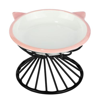 Elevated Cat Bowls,6.3" Wide Raised Ceramic Cat Food Bowl with Anti-Slip Metal Stand for Indoor Cats,Whisker Friendly,Protect Pet's Spine Pet Food Dishes for Flat Faced Cats and Kitten (Pink) - color: Pink