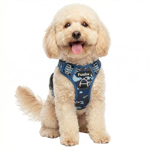 Funfox Dog Harness No Pull, Adjustable Pet Vest Harness, Super Soft Material with Vertical Handle Easy Control, Reflective Night Walking, 2 Leash Clips for Small Sized Dogs, Mosaic Blue, S - color: Mosaic Blue, size: Small