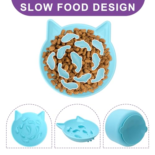 Silicone Cat Slow Feeder, Elevated Slow Feeder Bowl Tilt Design, Suitable for Dry and Wet Food, Adjustable Angle, Cat Food Puzzle with Suction Cup(Blue) - color: Blue