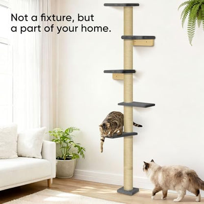 80" Floor to Ceiling Cat Tower, 5-Tier Wall-Mounted Cat Tree with Sisal Scratching Posts, Space-Saving Vertical Cat Furniture for Climbing & Lounging, Indoor Cat Playground, Dark Grey