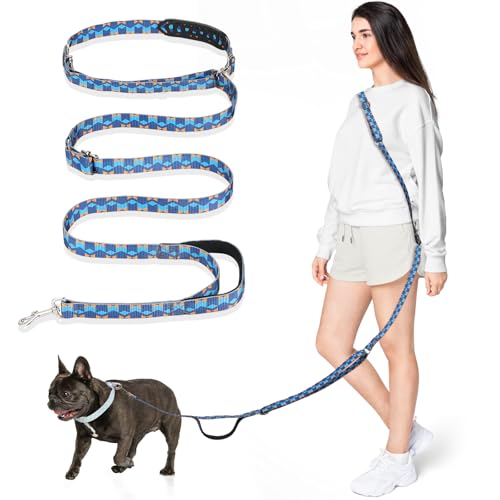 Hands Free Dog Leash, 8.5ft Adjustable Hands Free Leash for Medium Dogs, Versatile Handheld Crossbody Waist Lead with 3 Rings, for Running Jogging Walking, Sponge Handle, Geometric Blue - color: Geometric Blue, size: 8.5ft