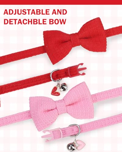 Cat Collar Breakaway with Bells, Soft Cotton Pink Cat Bowtie Collar for Girl Cats, Small Cats Collar with Bow for Spring Summer, 2 Pack Cute Kitten Collars with Removable Bowtie 8-12Inch - color: Red + Pink