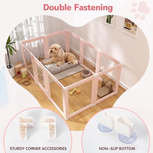 DIY Clear Acrylic Dog Playpen Indoor, Transparent Easy Cleansing Puppy Fence with Suction Cup, Easy-Assemble Indoor Whelping Crate for Small Puppies (23.6" H, 10PCS), Pink - color: Pink, style: 10PCS