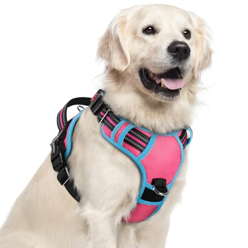 rabbitgoo Dog Harness for Large Dogs, No Pull Pet Vest with 3 Buckles, Adjustable Soft Padded Pet Harness with Easy Control Handle and Reflective Strips, Rose Pink & Blue, XL - color: Rose Pink & Blue, size: X-Large