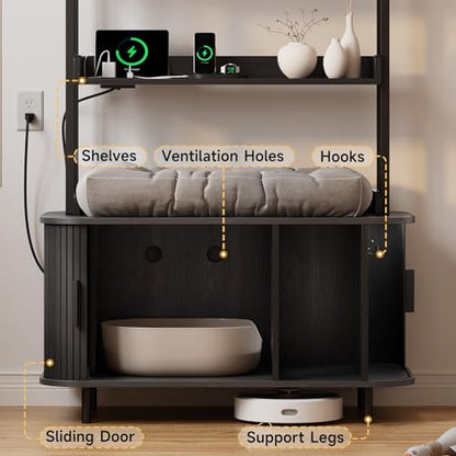 ONBRILL 54 Inch Hidden Litter Box Furniture with Shelves and Outlets,Fluted Cat Litter Box Enclosure, Mid-Century Modern Wooden Cat House with Sliding Tambour Door and Hooks, Black - color: Black