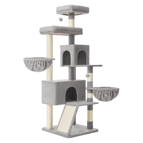 Feandrea Cat Tree, 68.5-Inch Tall Cat Tower, Multi-Level Plush Condo with Large Perch, Scratching Posts, Double Caves, Dove Gray UPCT006G01 - color: Dove Gray