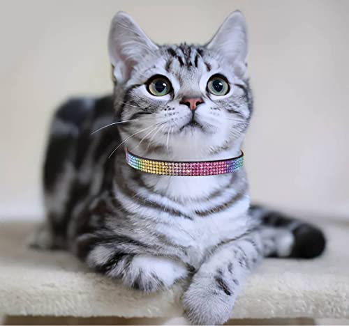 THAIN Bling cat Kitten Collar Rainbow Rhinestone Breakaway Diamond with Bell Soft Velvet Quick Release (Black) - color: Black