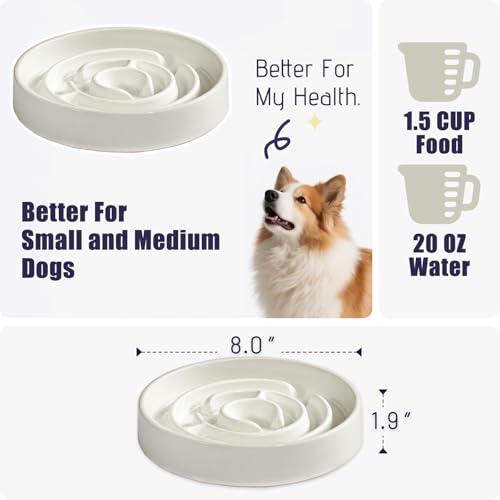 Ceramic Slow Feeder Dog Bowl,1.5 Cups Pet Slow Feeder for Small and Medium Breed,Puzzle Dog Food Dish,Anti-Gulping,Stop Bloat,Preventing Choking(White) - color: White