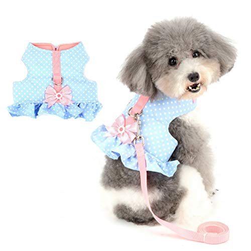 Zunea No Pull Small Dog Girl Harness Dress Escape Proof Cat Kitten Vest Harness Leash Set Step-in Soft Cotton Padded Polka Dot Jacket Chihuahua Puppy Clothes with Cute Bow for Walking Blue S - color: blue dots, size: S (Chest:14.5-15.7", Neck:9-9.8")