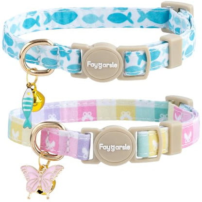 Faygarsle 2 Pack Plaid Butterfly Fish Pattern Cat Collars Breakaway Safety Collar with Bell Spring Summer Design for Girl Cats,Blue Multicolor - color: Colorful Butterfly&Fish