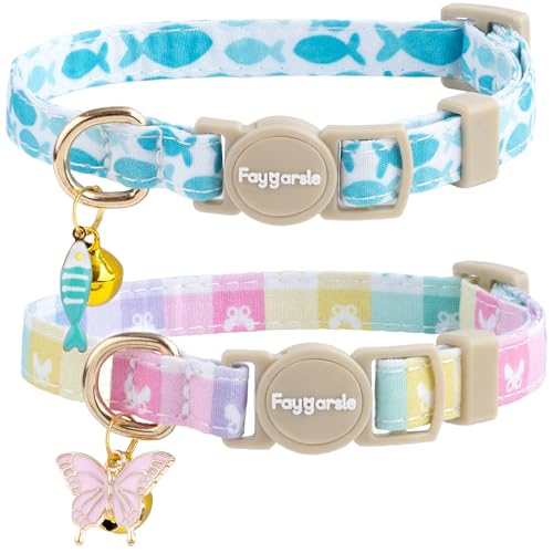 Faygarsle 2 Pack Plaid Butterfly Fish Pattern Cat Collars Breakaway Safety Collar with Bell Spring Summer Design for Girl Cats,Blue Multicolor - color: Colorful Butterfly&Fish