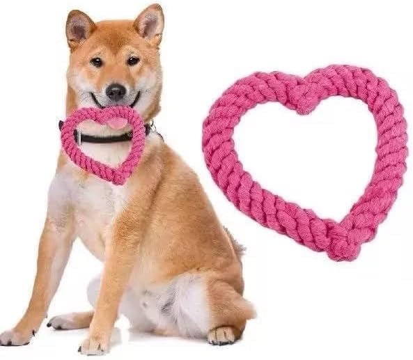 Dog Rope Chew Toy, Heart Shaped Interactive Teething Toy for Puppies, Pink Cotton Dental Tug Toy