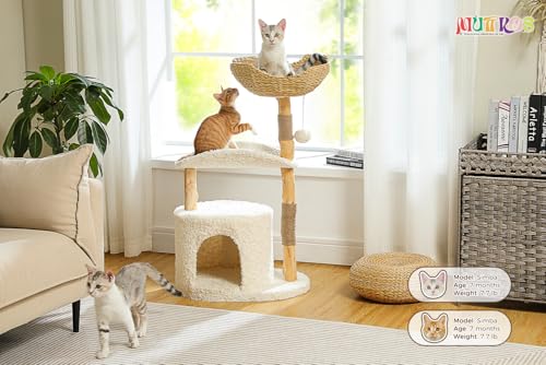 MUTTROS Modern Cat Tree Tower for Large Cats, Wood Cat Tower with Natural Scratching Post, Solid Wood Condo, Real Branch Luxury Cat Furniture with Curved Bed, Top Basket, White - color: Cloud White, size: 38" Solid Wood Cat Tree