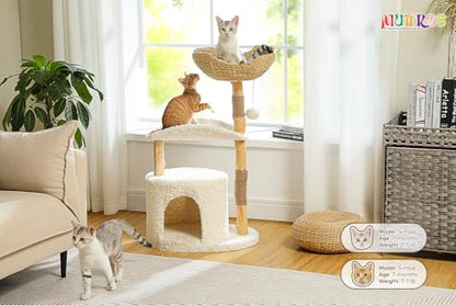 MUTTROS Modern Cat Tree Tower for Large Cats, Wood Cat Tower with Natural Scratching Post, Solid Wood Condo, Real Branch Luxury Cat Furniture with Curved Bed, Top Basket, White - color: Cloud White, size: 38" Solid Wood Cat Tree