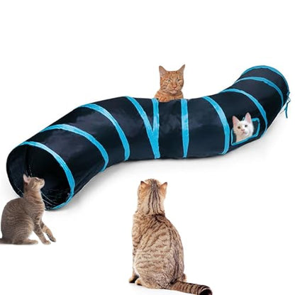 Cat Tunnel Tube Toys，Tunnels for Indoor Cats, S-Shape Blue Collapsible Interactive Toy with Balls for Rabbits, Kittens, Ferrets, Puppy - color: S - 2 Way Black Blue