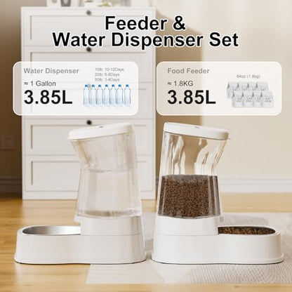 Automatic Pets Gravity Feeder and Water Dispenser Set, 1Gallon x 2 Stainless Steel Food Feeder and Waterer, 100% BPA-Free Water Bowl Dispenser for Small&Medium Dogs, Cats, Puppies(White) - color: Pearl White, size: 1 Gallon (Water & food dispenser)