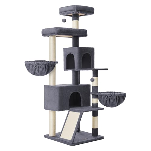 Feandrea Cat Tree, 68.5-Inch Tall Cat Tower, Multi-Level Plush Condo with Large Perch, Scratching Posts, Double Caves, Dark Gray UPCT006G02 - color: Dark Gray