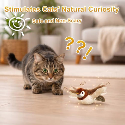 Flapping Bird Cat Toy, No Flying, Flapping & Chirping Wings Sparrow with Catnip, Rechargeable Touch Activated for Cats, Kitten or Small Dogs to Interact & Play