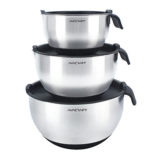 AVACRAFT 18/10 Stainless Steel Mixing Bowls with Lids, non slip silicone base bowls with Handle, Mixing Bowl Set with Pour Spouts & Measurement Marks, Home Essentials Cooking Bowls, (Black) - color: Black