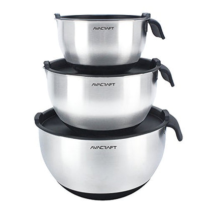 AVACRAFT 18/10 Stainless Steel Mixing Bowls with Lids, non slip silicone base bowls with Handle, Mixing Bowl Set with Pour Spouts & Measurement Marks, Home Essentials Cooking Bowls, (Black) - color: Black