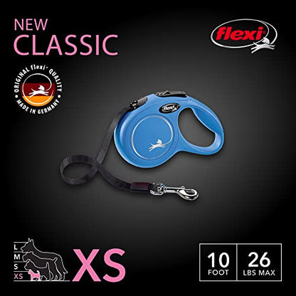 FLEXI New Classic Tape Extra Small Retractable Dog Leash for Small Dogs Upto 26 lbs. – 10 ft., Blue | Tangle Free Pet Walking Leash with One-Handed Brake, Pause, Lock|German Quality Product - color: Blue, size: X-Small - 10 Feet (Tape)