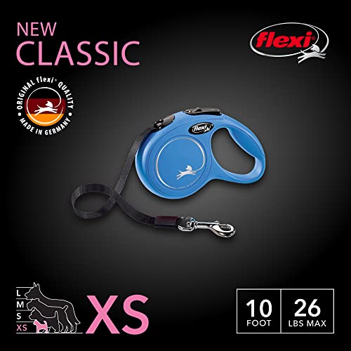 FLEXI New Classic Tape Extra Small Retractable Dog Leash for Small Dogs Upto 26 lbs. – 10 ft., Blue | Tangle Free Pet Walking Leash with One-Handed Brake, Pause, Lock|German Quality Product - color: Blue, size: X-Small - 10 Feet (Tape)
