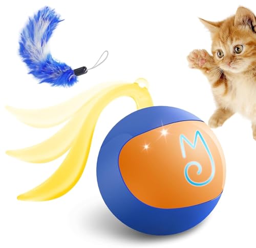 Migipaws 2-in-1 Interactive Cat Toy Ball – Paw Friendly Kicking Chasing Ball with Bonus Fluffy Tail for Indoor Cats Random Rolling Auto Escape Corners Tangle-Free Quiet USB Rechargeable (Blue) - color: Blue