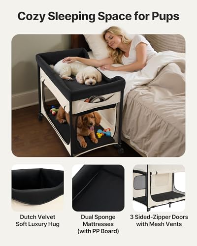 VEVOR Bedside Lounge Pet Bed, Foldable Bunk Dog Bed with 600D Oxford Cloth and Dutch Velvet, Portable Raised Cot with Wheels, Side Storage Bags, and Carry Bag for Cats & Dogs, L, Beige - size: L