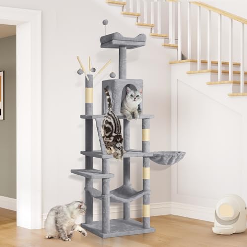 YITAHOME 64.5" Cat Tree, Multi-Level Cat House, Large Cat Condo Furniture with Perch Hammock, Scratching Posts and Dangling Balls for Kittens, Cats and Pets, Light Gray - color: Light Gray, size: 64.5inch