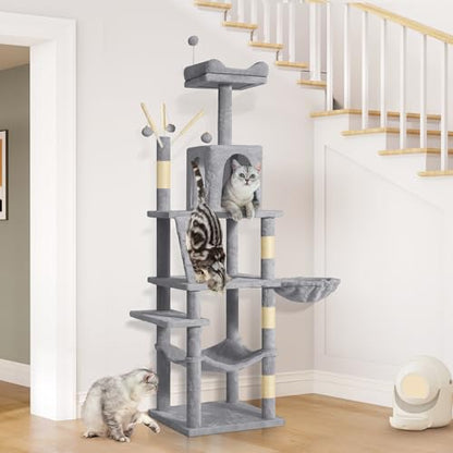 YITAHOME 64.5" Cat Tree, Multi-Level Cat House, Large Cat Condo Furniture with Perch Hammock, Scratching Posts and Dangling Balls for Kittens, Cats and Pets, Light Gray - color: Light Gray, size: 64.5inch