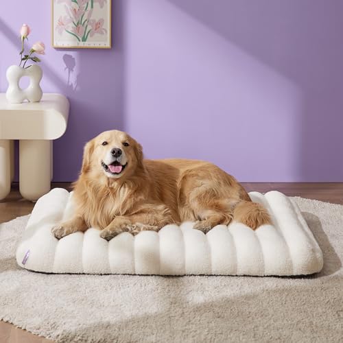 LE SURE Cute Orthopedic Dog Bed for Extra Large Dogs, XL Waterproof Chic Flat Pet Beds with Removable Washable Cover, Fuzzy Thick Egg Crate Foam Pet Mat for Indoor Use (44" x 32", Cream) - color: Cream, size: 44"L x 32"W x 4"Th