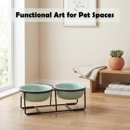 Ceramic Elevated Dog Bowl Set - Double Dog Food and Water Bowls with Metal Stand - Raised Pet Dishes for Puppies and Cats - 2 Cups - 12.5 fl oz - Green - color: Green, size: S-200ml
