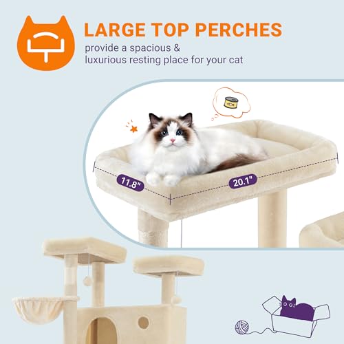 Allewie 81 Inches Tall Cat Tree/Multi-Level Large Climbing Tree House and Towers for Big Feline/Condo and Hammock/Scratching Post/Wide Base/Beige - color: Beige