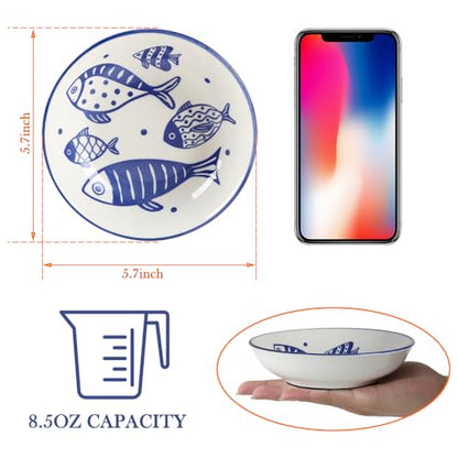 HAPPY KIT 2Pcs Wide Shallow Cat Bowls,8.5oz Colorful Plate Set with Non-Slip Mat,5.7 inch Indoor Ceramic Cats Dish/Dishes Relief of Whisker Fatigue - Microwave and Dishwasher Safe - color: fish