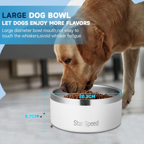 StarSpeed Stainless Steel Dog Bowl. Water Bowls for Large Dogs with Rubber Bottom, Drop Resistant and Durable, Keeps Cold, Holds 8 Cups of Water, Fits Different Size Dog Bowls. (64oz, White) - color: White, size: 64oz