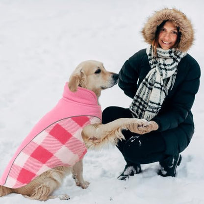 Kuoser Dog Winter Coat, Reversible Waterproof Dog Jacket with Reflective Strip, Warm Dogs Fleece Vest Adjustable Doggy Cold Weather Clothes Plaid Christmas Outfit Pet Apparel for Small Dogs, Pink S - color: Pink, size: Small (Chest Girth: 13.8-17.3'' )