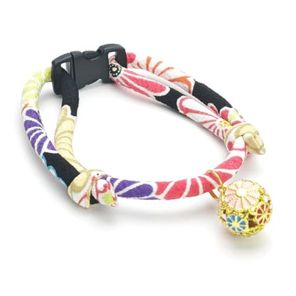Breakaway Cat Collar with Chrysanthemum Bell, Cute Japaness Chirimen Kitten Collar for Girl and Boy Kitty - color: Black