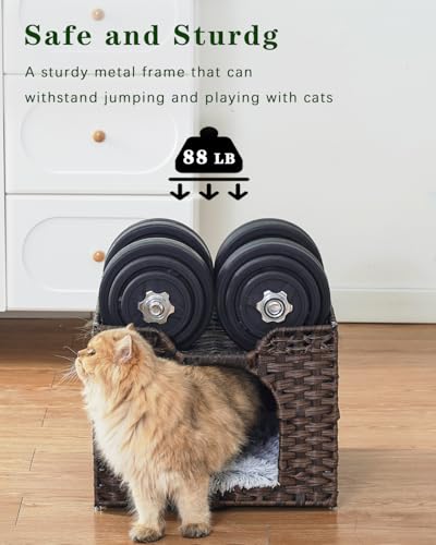 SETVSON Cat Beds Indoor Kitten House, Handwoven Rattan Cat Cave Pet Cube, Large Cat Houses, One Bed Mat, Foldable, Hideaway, 16.5x16.5x13.2 Inches, 2 S-Shaped Hooks in Living Room Bedroom Brown - color: Brown, size: Rectangle-M