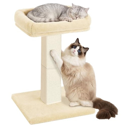 Cat Scratching Post, 32”Cat Scratcher with Large Plush Perch, Sisal & Carpet Scratching Post, Vertical Posts with Elevated Bed for Indoor Cats, Removable& Washable Cover, Beige - color: Beige with Bed