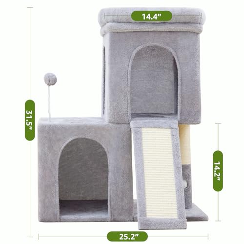 Woochpet 32inch Tall Cat Tree with 2 cat condo for Adult Cats Cozy Cat Tower with Scratching Post and Scrather Board for Cats of Different Ages.（Light Grey） - size: 26*16*32