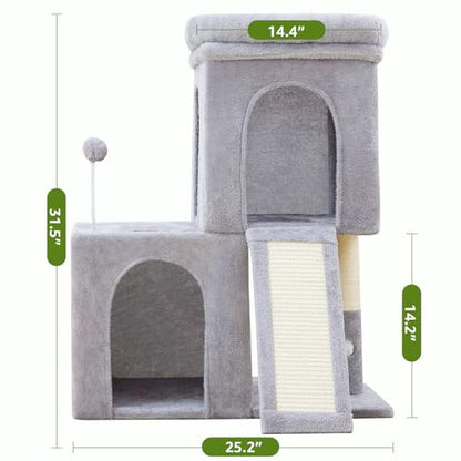 Woochpet 32inch Tall Cat Tree with 2 cat condo for Adult Cats Cozy Cat Tower with Scratching Post and Scrather Board for Cats of Different Ages.（Light Grey） - size: 26*16*32