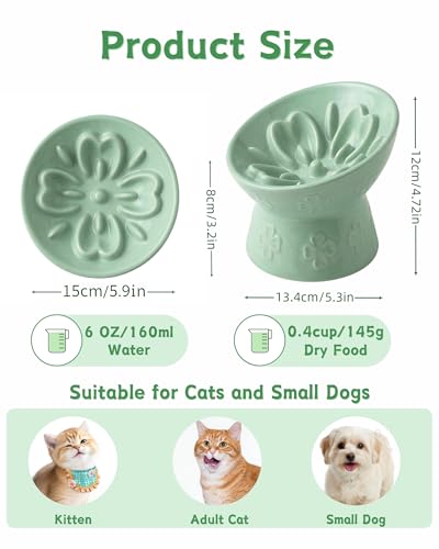 Ceramic Slow Feeder Cat Bowl, 15° Tilted Elevated Cat Slow Eating Bowl for Neck Protection, Anti Vomiting Dog Slow Feeder, Whisker Friendly & No Black Chin for Cats and Small Dogs, Green - color: 02-Green