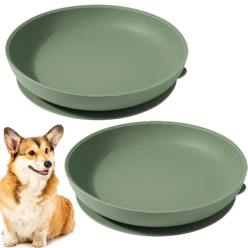 Silicone Dog Bowl Set of 2-7.7in No Spill Puppy Food and Water Dish Less Mess Cat Plates with Suction Cup Non-Tippable Feeding Bowls for Small & Medium-Sized Pets (Round Green) - color: Green
