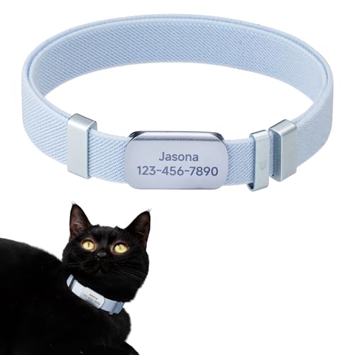 Anti-Choke Elastic Cat Collar and Personalized Name Tag Set, U.S IDA Gold Award Non Breakaway Cat Collar Engraved ID Tag Personalized Cat Collar for Kitten Small Large Cats (Sierra Blue, M) - color: Sierra Blue, size: M