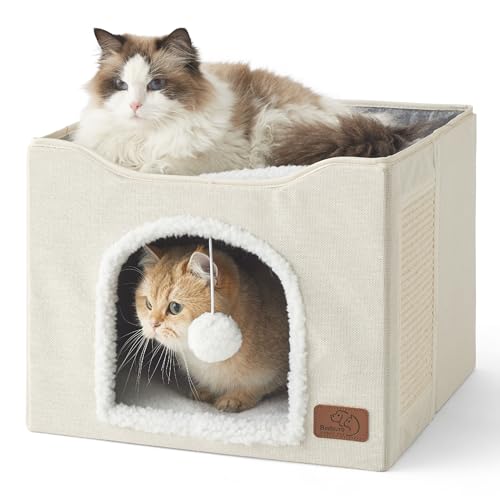 Bedsure Cat Beds for Indoor Cats - Large Cat Cave for Pet Cat House with Fluffy Ball Hanging and Scratch Pad, Foldable Cat Hideaway, 16.5x16.5x13 inches, Ivory - color: Ivory, size: Single